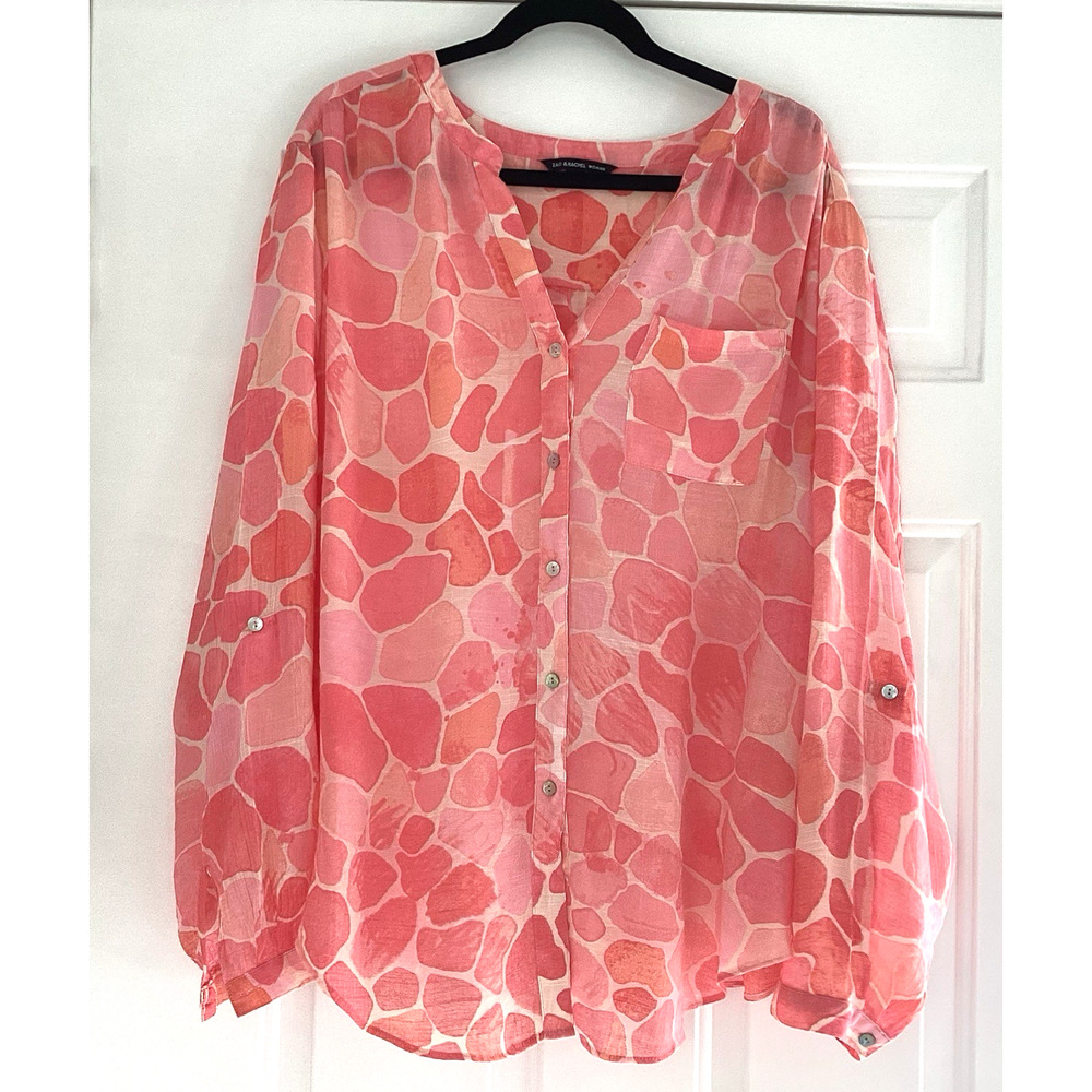 Zac & Rachel Pink & Coral Patterned Blouse 2X Beachy Relaxed Casual Office Artsy